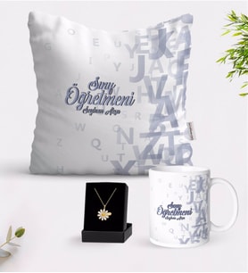 BK Gift Kişiye Özel Sınıf Öğretmeni Beyaz Kupa Yastık ve İsimli Papatya Kolye Hediye Seti-16 (Model 1)