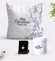 BK Gift Kişiye Özel Sınıf Öğretmeni Beyaz Kupa Yastık ve İsimli Papatya Kolye Hediye Seti-16 (Model 1)
