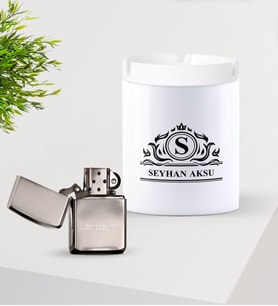 BK Gift Kişiye Özel İsimli Silver Benzinli Metal Çakmak ve Seramik Kül Tablası Seti-12 (Model 1)