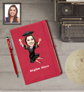 Kişiye Özel Mezuniyet Karikatürlü  Kırmızı Defter Kalem Hediye Seti Bayan-2