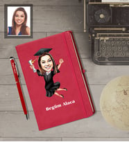 Kişiye Özel Mezuniyet Karikatürlü  Kırmızı Defter Kalem Hediye Seti Bayan-2
