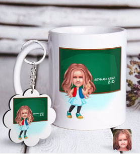 BK Gift Kişiye Özel Kız İlkokul Öğrenci Karikatürlü Beyaz Kupa ve Anahtarlık Hediye Seti-1 (Model 1)