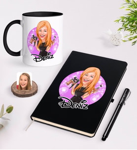 BK Gift Kişiye Özel Kadın Güzellik Uzmanı Karikatürlü Siyah Defter Kalem ve Kupa Seti-1 (Model 1)