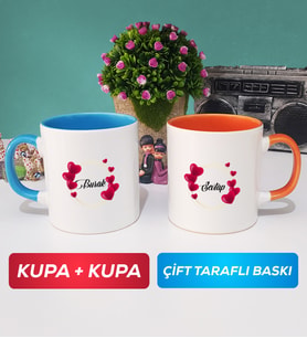 İkili İsme Özel Sevgililer Günü Hediyesi Kupa Bardak Mavi Turuncu