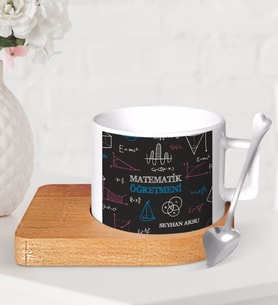 BK Gift Kişiye Özel Matematik Öğretmeni Ahşap Altlıklı Seramik Fincan-11 (Beyaz)