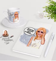 BK Gift Kişiye Özel Bayan Kolay Yetişmiyor Karikatürlü Beyaz Defter Kalem Türk Kahvesi Fincanı Seti-4 (Model 1)