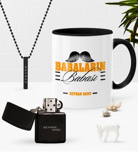 BK Gift Kişiye Özel Babaların Babası Siyah Kupa Benzinli Çakmak Kolye Seti-2 (Model 1)