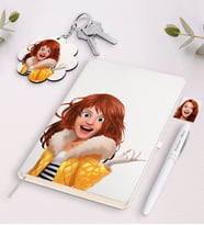 BK Gift Kişiye Özel Kadın Animasyon Karikatürlü Beyaz Defter Kalem Ve Anahtarlık Hediye Seti-7 (Model 1)