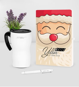 BK Gift Kişiye Özel Yılbaşı Noel Baba Temalı Beyaz Defter Kalem Termos Mug Seti - 6