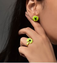 Papatya Silver 925 Ayar Gümüş Altın Kaplama Fosforlu Papatya Kadın Küpe Yüzük Set