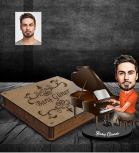 Kişiye Özel Piyanist Karikatürlü Ahşap Biblo Kutulu Bay-1
