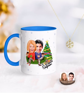 BK Gift Kişiye Özel Yeni Yıl Sevgililer Karikatürlü Mavi Kupa ve Kar Tanesi Kolye-4 (Model 1)