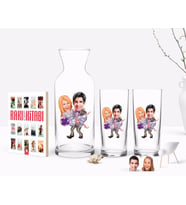 BK Gift Kişiye Özel Renkli Baskılı Sevgililer Karikatürlü İkili Rakı Bardağı Karaf ve Cep Kitabı Hediye Seti-56 (Model 1)