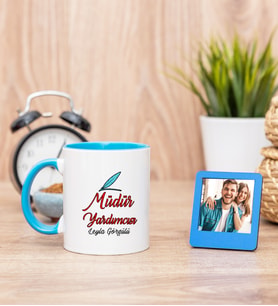 Müdür Yardımcısı Mavi Kupa Bardak ve Mavi Mini Fotoğraf Çerçevesi