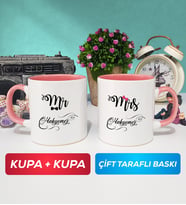 İkili Çiftlere Özel Mr Mrs Sevgiliye Hediye Kupa Bardak Pembe