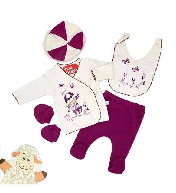 Kroşatalı Mor Kız 5li Zıbın Set (Yenidoğan 0-3 Ay 56cm)