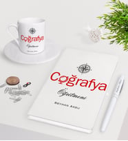 BK Gift Kişiye Özel Coğrafya Öğretmeni Beyaz Defter Kalem Türk Kahvesi Fincanı Seti-1 (Model 1)