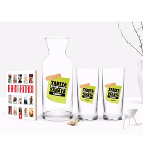 BK Gift Kişiye Özel Renkli Baskılı Yarıya Kadar Değil Yaraya Kadar Tasarımlı İkili Rakı Bardağı Karaf ve Cep Kitabı Hediye Seti-3 (Model 1)
