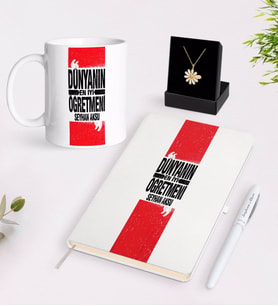 BK Gift Kişiye Özel Dünyanın En İyi Öğretmeni Beyaz Kupa Defter Kalem ve İsimli Papatya Kolye Hediye Seti-1 (Model 1)