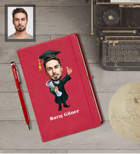 Kişiye Özel Mezuniyet Karikatürlü  Kırmızı Defter Kalem Hediye Seti Bay-1