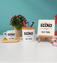 Eczacı Tasarımlı Kişiye Özel Hediye Eczacı Ahşap Altlıklı Türk Kahvesi Fincanı Kalemlik Dekoratif Taş Baskı Seti