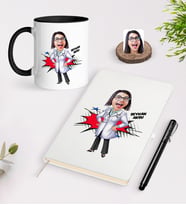 BK Gift Kişiye Özel Bayan Doktor Karikatürlü Beyaz Defter Kalem SiyahKupa Seti - 1 (Model 1)