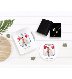 BK Gift Kişiye Özel Sevgililer Günü Temalı İsimli Fotoğraflı Kupa Bardak Altlığı ve Kolye Bileklik Hediye Seti-31 (Model 1)