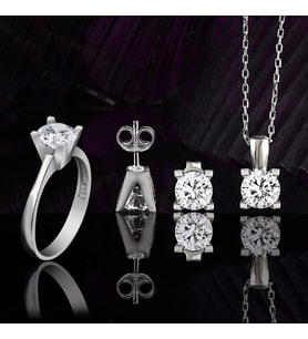 Else Silver Pırlanta Montürü V Kasa Tek Taş Gümüş Takı Seti