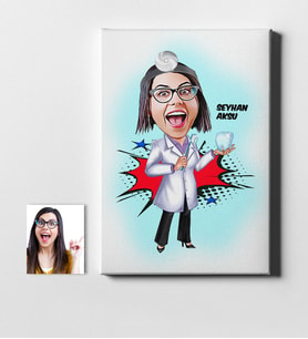 BK Gift Kişiye Özel Bayan Diş Hekimi Karikatür Kanvas Tablo 50x70cm 2