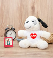 İsim Yazılı Kırmızı Kalpli Peluş Köpek ve Mini Fotoğraf Çerçevesi