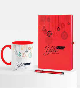 BK Gift Kişiye Özel Yılbaşı Mutlu Yıllar Temalı Kırmızı Defter Kalem Kupa Seti - 15