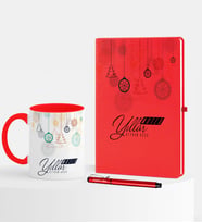 BK Gift Kişiye Özel Yılbaşı Mutlu Yıllar Temalı Kırmızı Defter Kalem Kupa Seti - 15