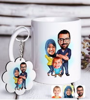 BK Gift Kişiye Özel Tesettürlü Aile Karikatürlü Beyaz Kupa ve Anahtarlık Hediye Seti-1 (Model 1)