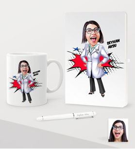 BK Gift Kişiye Özel Bayan Doktor Karikatürlü Beyaz Defter Kalem Kupa Seti - 1 (Model 1)