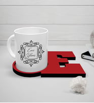 BK Gift Kişiye Özel Beyaz Kupa ve Harfli Kırmızı Bardak Altlığı Seti