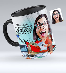BK Gift Kişiye Özel Bayan Bankacı Karikatürlü Siyah Kupa Bardak  1