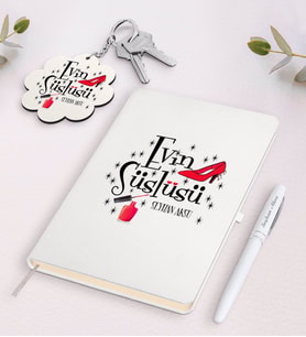 BK Gift Kişiye Özel Evin Süslüsü Beyaz Defter Kalem ve Anahtarlık Hediye Seti-2 (Model 1)