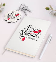 BK Gift Kişiye Özel Evin Süslüsü Beyaz Defter Kalem ve Anahtarlık Hediye Seti-2 (Model 1)