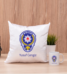 Polis Logolu Kare Yastık ve Beyaz Kupa Bardak
