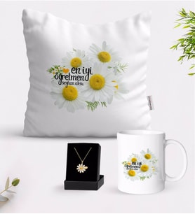 BK Gift Kişiye Özel Papatya Temalı En İyi Öğretmen Beyaz Kupa Yastık ve İsimli Papatya Kolye Hediye Seti-12 (Model 1)