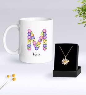 BK Gift Kişiye Özel Çiçek Temalı Harf Kupa ve Papatya Kolye Hediye Seti-15 (Model 1)