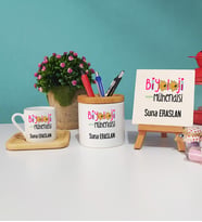 Biyoloji Mühendisi Ahşap Altlıklı Türk Kahvesi Fincanı Kalemlik Dekoratif Taş Baskı Seti