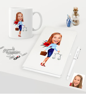 BK Gift Kişiye Özel Bayan Avukat Karikatürlü Beyaz Defter Kalem Kupa Seti - 3 (Model 1)