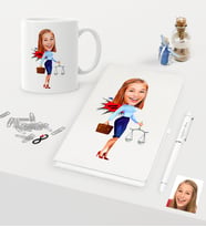 BK Gift Kişiye Özel Bayan Avukat Karikatürlü Beyaz Defter Kalem Kupa Seti - 3 (Model 1)