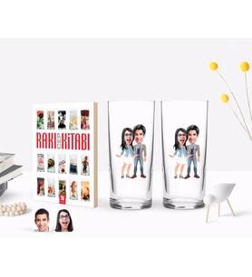 BK Gift Kişiye Özel Renkli Baskılı Sevgililer Karikatürlü İkili Rakı Bardağı ve Rakı Cep Kitabı Hediye Seti-81 (Model 1)