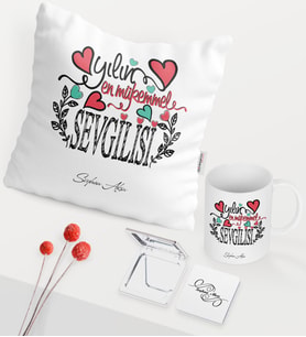 BK Gift Kişiye Özel Yılın En Mükemmel Sevgilisi Temalı Beyaz Kupa Ayna Yastık Seti