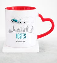 BK Gift Kişiye Özel Mesleki Hostes Kırmızı Kalpli Kupa Bardak  1
