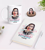 BK Gift Kişiye Özel Kadınlar Günü Karikatürlü Beyaz Defter Kalem ve Kupa Seti-6 (Model 1)