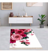 Gül Desenli Dijital Baskı Yıkanabilir Kaymaz Taban Vintage Salon Halısı ve Yolluk (Gri) (Beyaz)