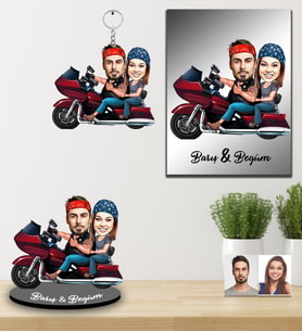 Kişiye Özel Motorcu Sevgili Karikatürlü 3 lü Hediye Seti Model 2